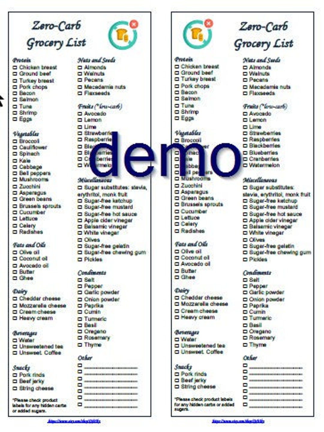 Printable No Carbs Zero Carbohydrates Grocery Shopping Foods List