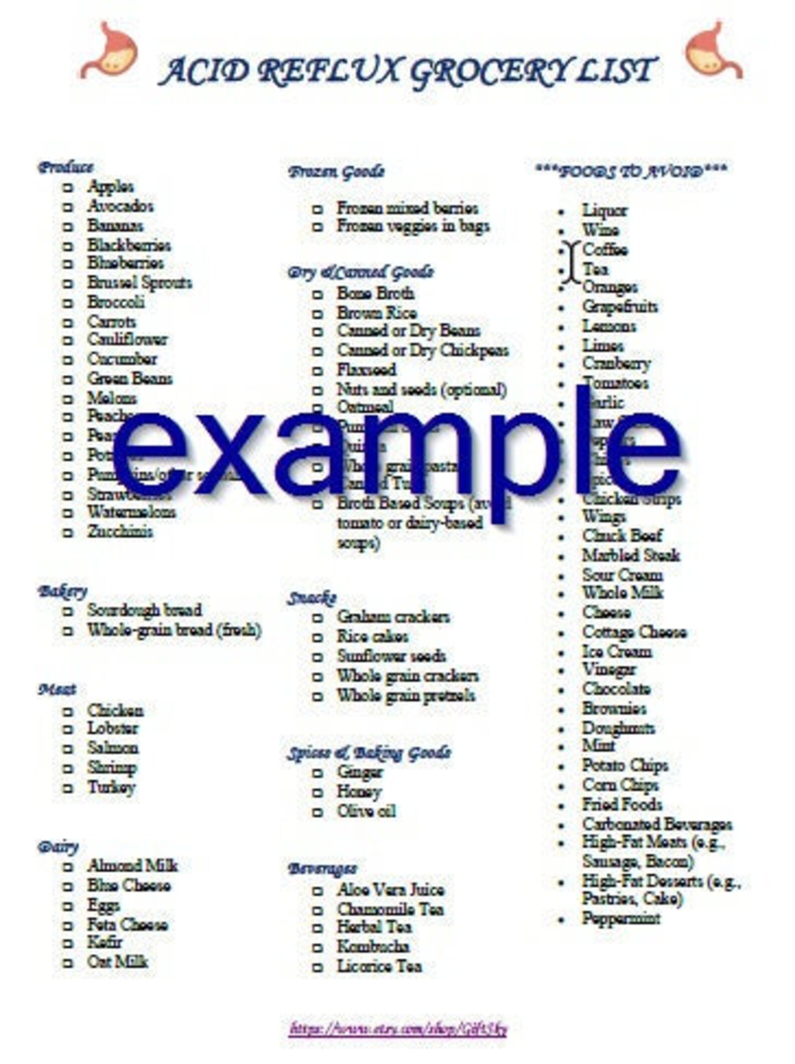 Printable Acid Reflux Friendly Heartburn Grocery Foods List PDF Instant