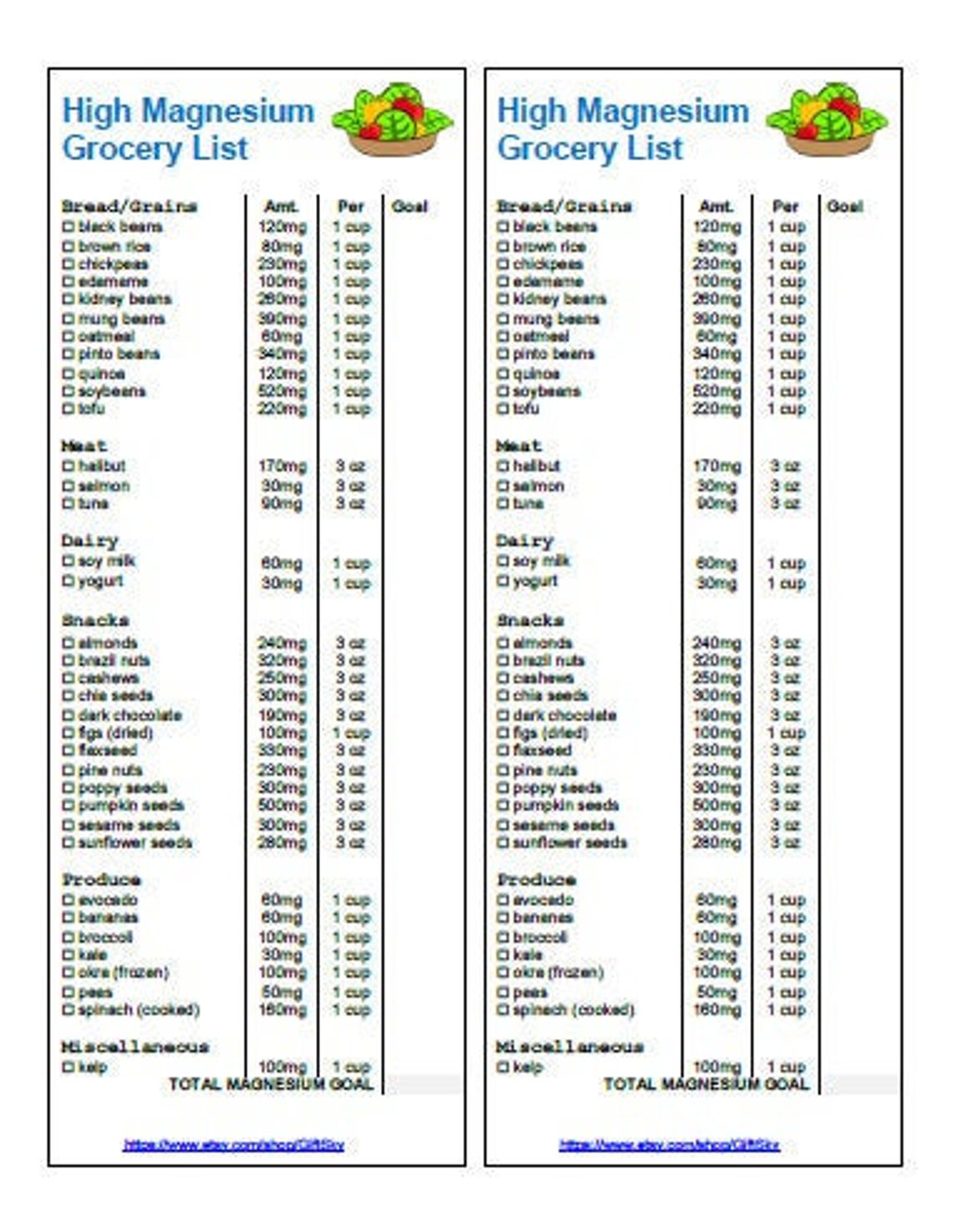 high magnesium food grocery list instand download pdf etsy
