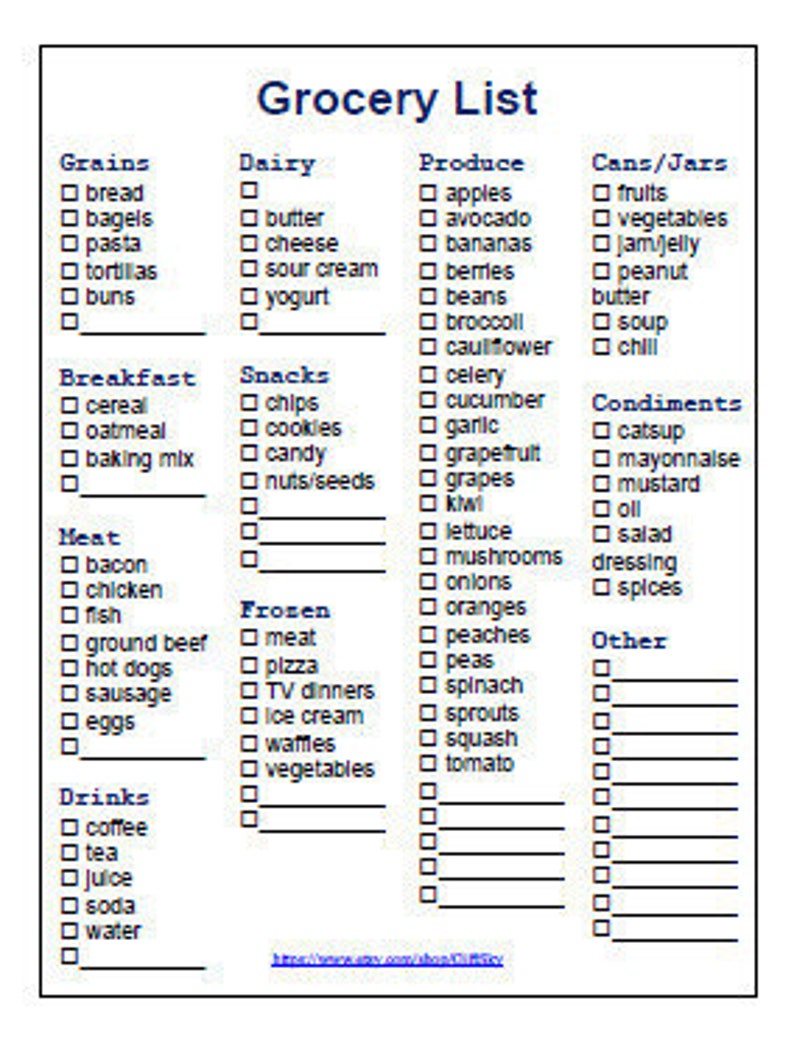 basic large print grocery food list printable pdf etsy