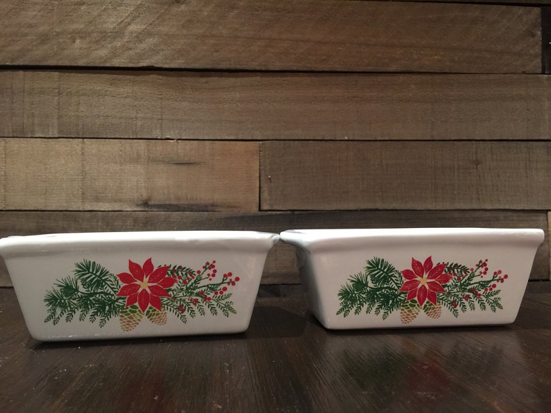 Two Vintage Nantucket Mini Loaf Stoneware with Christmas Detailing Christmas Bread Pan Christmas Baking Holiday Bakeware Loaf pan