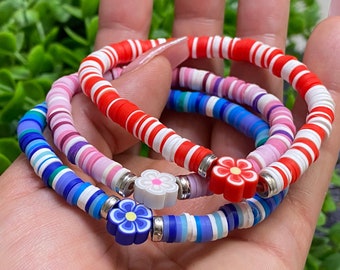 Heishi Bracelet: Polymer Clay Boho Stackable Bracelet with Charm