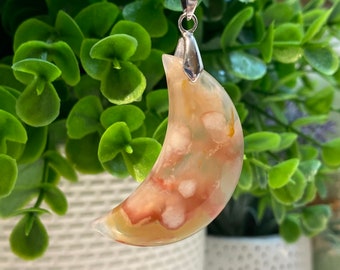 Natural Scenic Dendritic Agate Half Moon Pendant Necklace