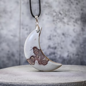 Large Natural Scenic Dendritic Jasper Half Moon Pendant Necklace