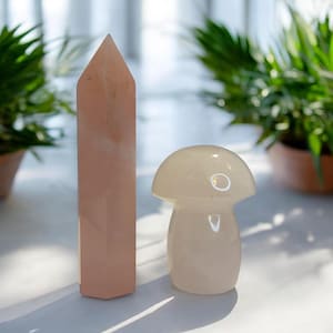 May include: A tall, pink crystal point and a small, mushroom-shaped figurine. The crystal is a light pink color and has a pointed top. The mushroom is a creamy white color with a rounded cap and stem. The objects are on a white surface.
