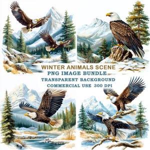 Pode incluir: Quatro ilustrações digitais de águilas calvas em uma cena de inverno com montanhas cobertas de neve, pinheiros e um rio. As águilas estão em várias poses, incluindo voando, empoleiradas em um galho e em pé em uma rocha. O fundo é uma paisagem nevada com um céu azul.