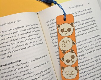 Laser Engraved Wooden Bookmark With Ribbon / Dizzy Spinning Cat
