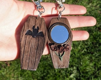 Decorated Clay Vampire-Coffin with Mirror and charm Clasp/Halloween Keychain