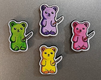 Hand-Painted Sweet and Sour Candy Gummy Bears with Knives Set of 4 / Laser Cut and Engraved Wood Magnets / Handmade Magnet