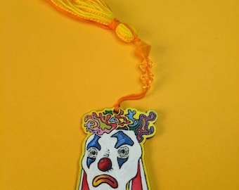 Hand-painted, Laser Engraved Wooden Bookmark With Ribbon / Sad-Clown Bunny Rabbit / Head in the Clouds / Where is My Mind