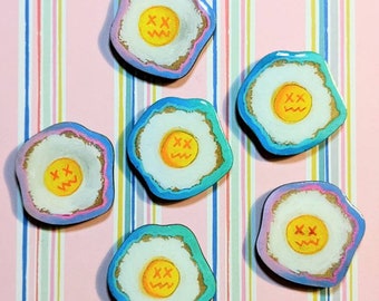 Hand-Painted Fried Egg Magnets Set of 2 / Laser Cut and Engraved Wood Magnets / Handmade