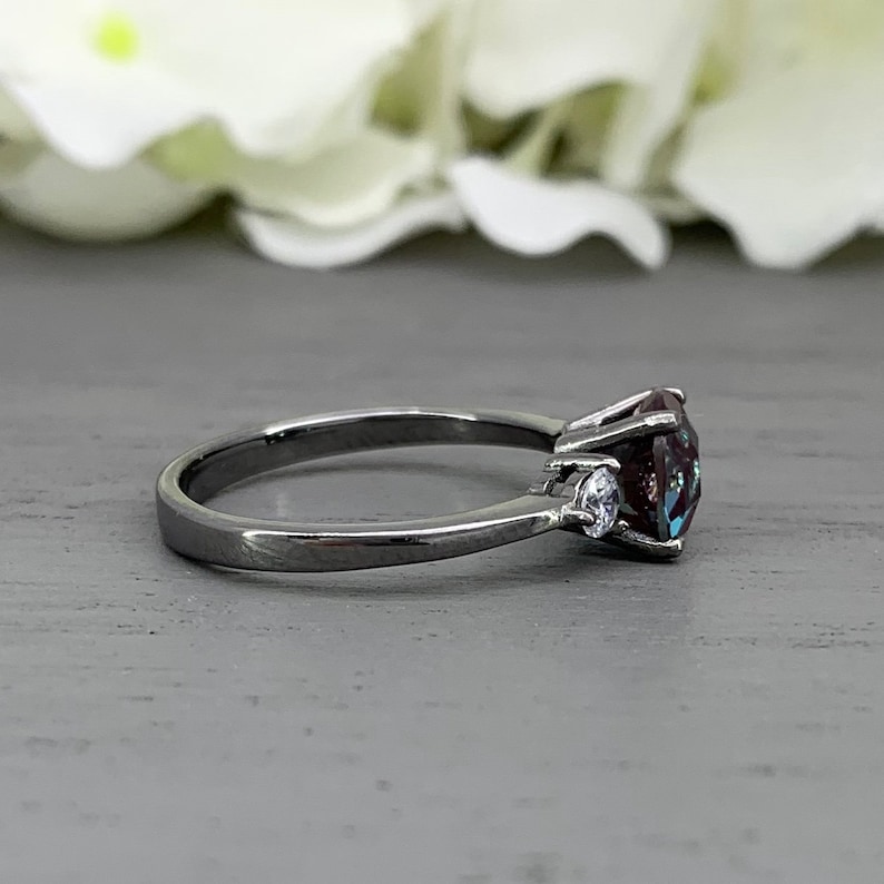 Round Alexandrite Black Rhodium Simulated Diamond Three Stone Engagement Birthstone Ring Past present Future Sterling Silver Ring