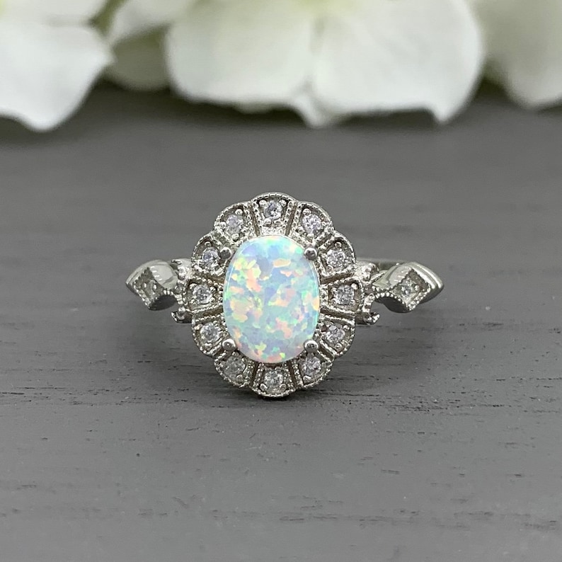 White Opal Ring Oval White Fire Opal Silver Art Deco Simulated Diamond Engagement Ring Vintage Design Sterling Silver halo Wedding Ring