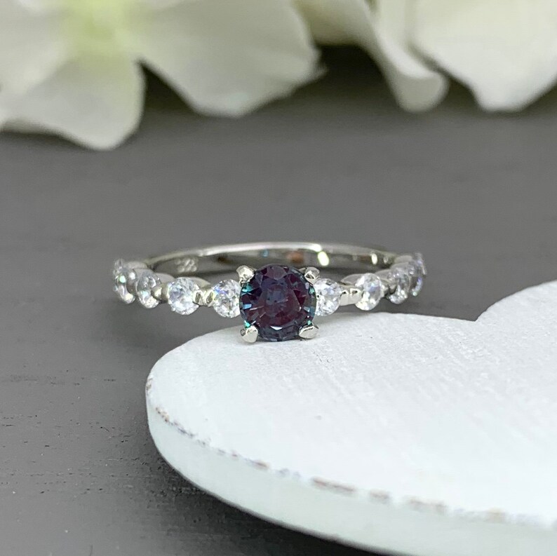 Round Alexandrite Simulated Diamond Engagement Ring Dainty Sterling Silver Tension Set Simulated Diamond Promise Wedding Ring
