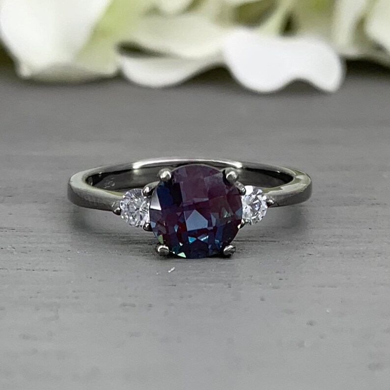 Round Alexandrite Black Rhodium Simulated Diamond Three Stone Engagement Birthstone Ring Past present Future Sterling Silver Ring