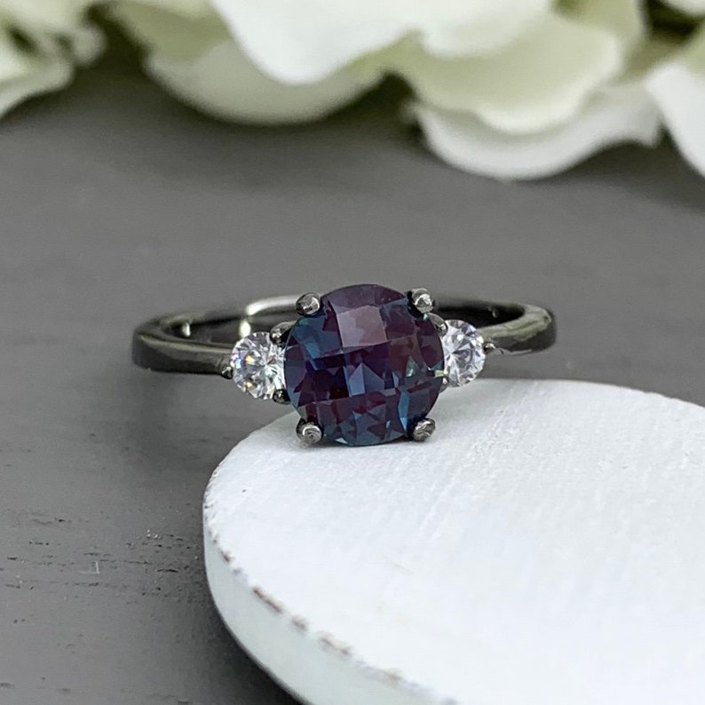 Round Alexandrite Black Rhodium Simulated Diamond Three Stone Engagement Birthstone Ring Past present Future Sterling Silver Ring
