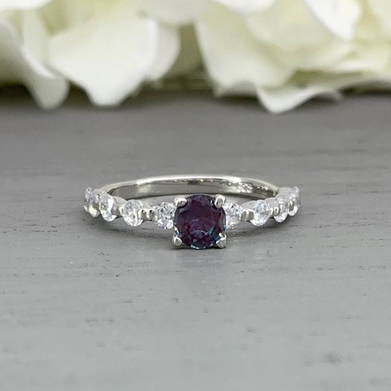 Round Alexandrite Simulated Diamond Engagement Ring Dainty Sterling Silver Tension Set Simulated Diamond Promise Wedding Ring