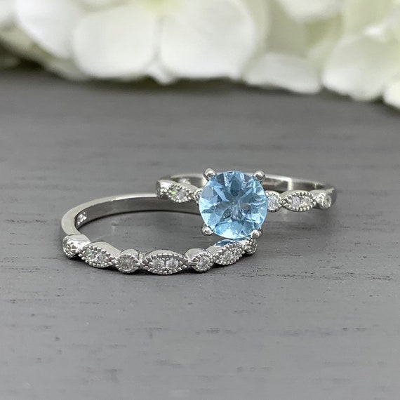 Rings for Her Sterling Silver Rings Round Blue Topaz Rings Vintage