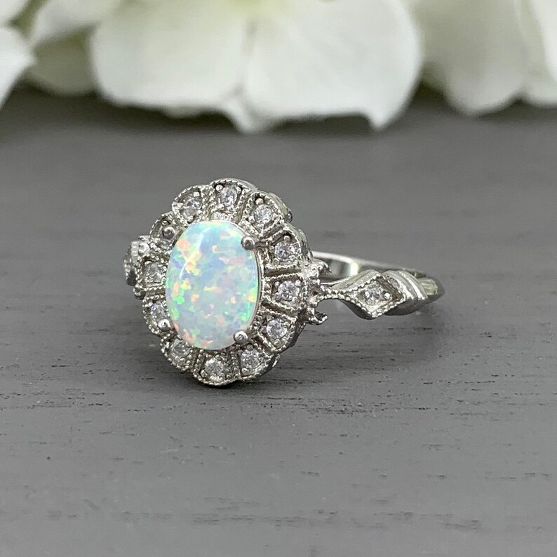 White Opal Ring Oval White Fire Opal Silver Art Deco Simulated Diamond Engagement Ring Vintage Design Sterling Silver halo Wedding Ring