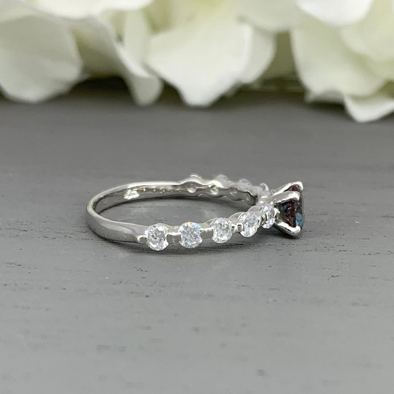 Round Alexandrite Simulated Diamond Engagement Ring Dainty Sterling Silver Tension Set Simulated Diamond Promise Wedding Ring