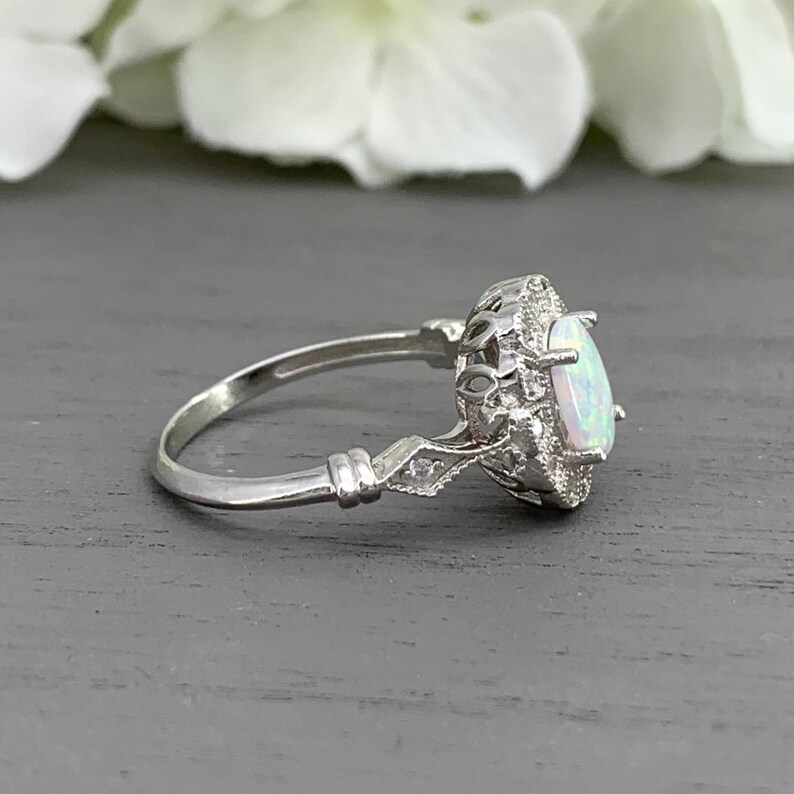 White Opal Ring Oval White Fire Opal Silver Art Deco Simulated Diamond Engagement Ring Vintage Design Sterling Silver halo Wedding Ring