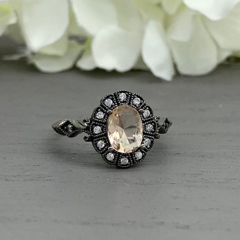 Black Rhodium Oval Peach Morganite Sterling Silver Art Deco Simulated Diamond Engagement Ring Vintage Design Halo Wedding Ring