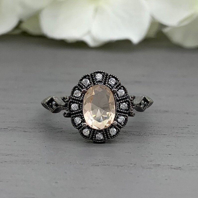 Black Rhodium Oval Peach Morganite Sterling Silver Art Deco Simulated Diamond Engagement Ring Vintage Design Halo Wedding Ring