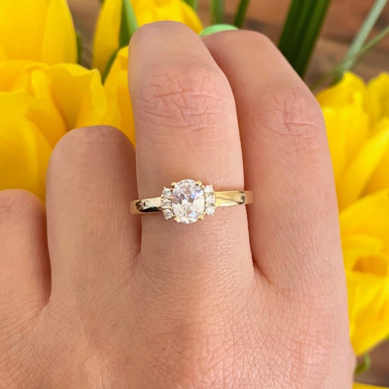 10K Or 14K Solid Yellow Gold Oval Simulated Diamond Engagement Ring Round Simulated Diamond Art Deco Promise Wedding Ring