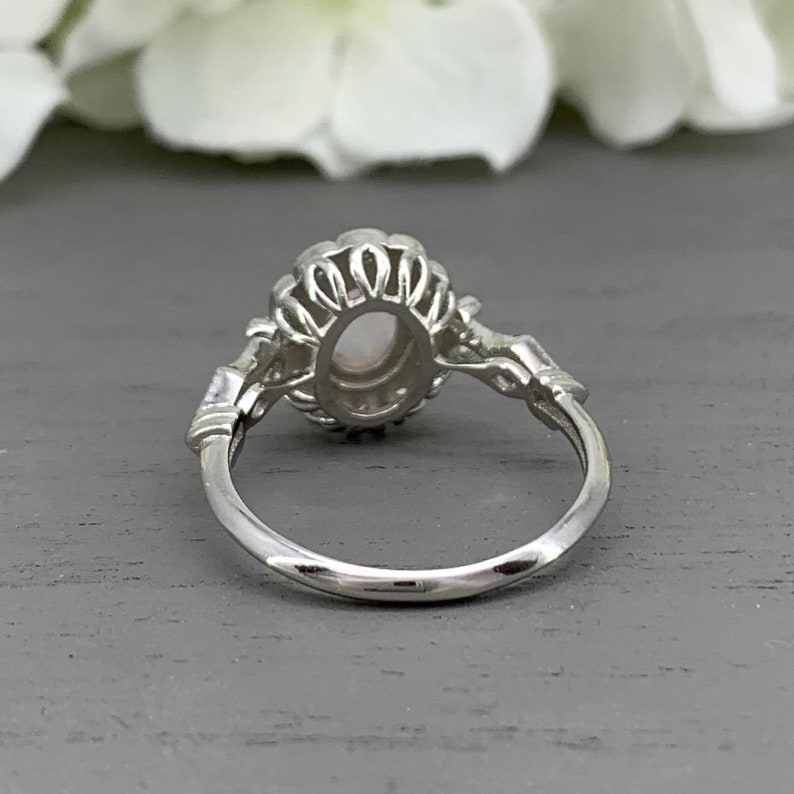 White Opal Ring Oval White Fire Opal Silver Art Deco Simulated Diamond Engagement Ring Vintage Design Sterling Silver halo Wedding Ring