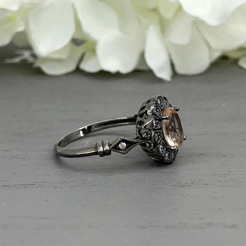 Black Rhodium Oval Peach Morganite Sterling Silver Art Deco Simulated Diamond Engagement Ring Vintage Design Halo Wedding Ring