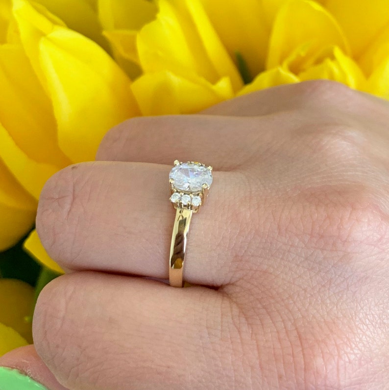 10K Or 14K Solid Yellow Gold Oval Simulated Diamond Engagement Ring Round Simulated Diamond Art Deco Promise Wedding Ring
