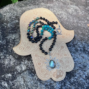 Lotus Rising Mala Necklace, Labradorite Lotus, Mala Bracelet, Japa Mala, Buddhist Prayer Beads, Yoga Jewelry, Yoga Gift, Meditation