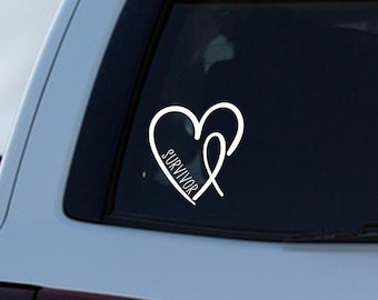Survivor Heart w/Ribbon  - Vinyl Decal, Vinyl Sticker - Car Decal, Laptop Decal, Window/Bumper Sticker, Water Bottle
