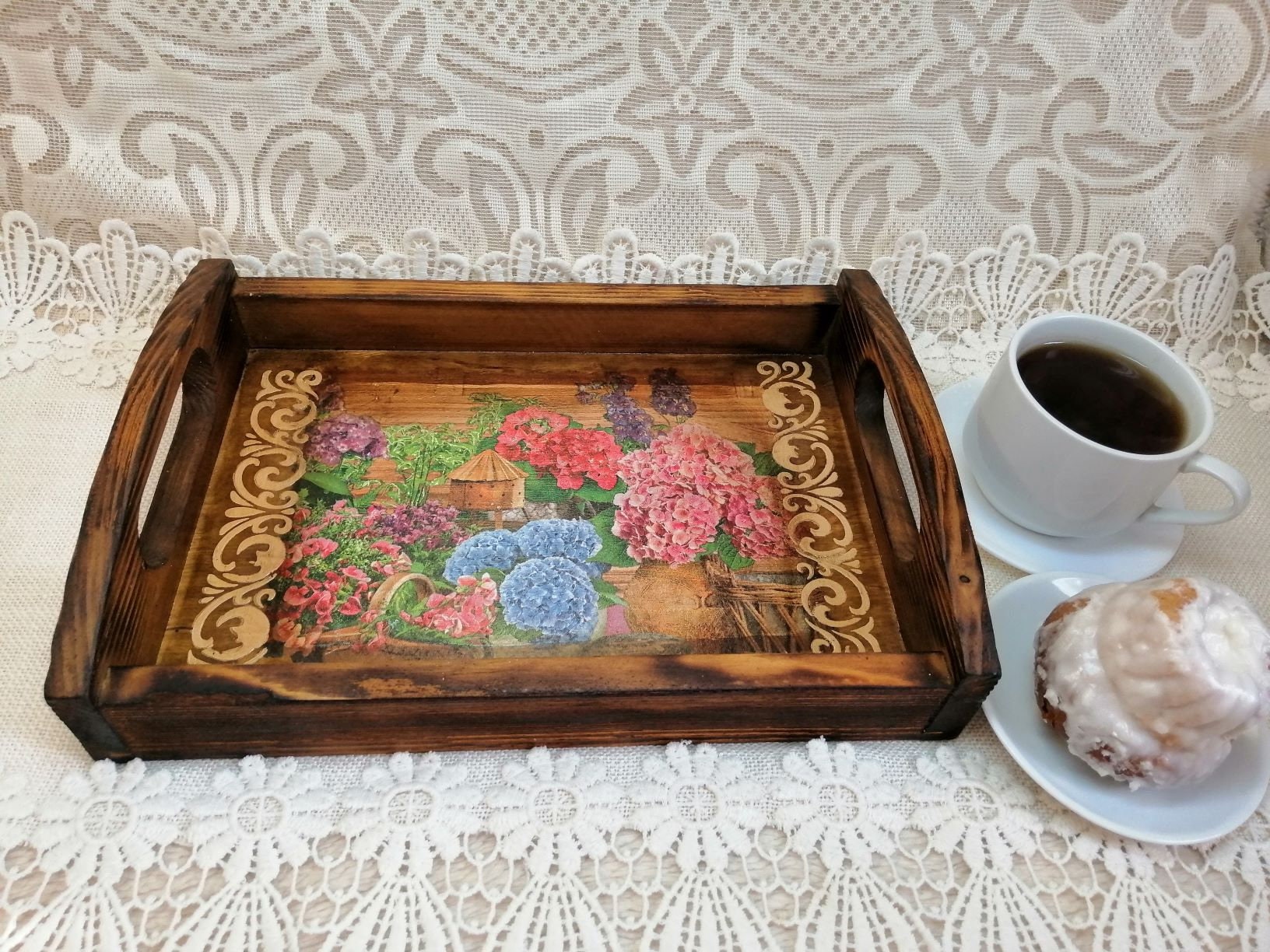 Wooden Serving Tray Rustic Decoupage Decorative Mini Etsy