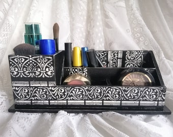 Makeup Organizer, Pen Holder, Small Desk Remote Organizer, Decoupage Decorated Makeup Storage Holder, Vintage Style, Small Cosmetic Cabinet