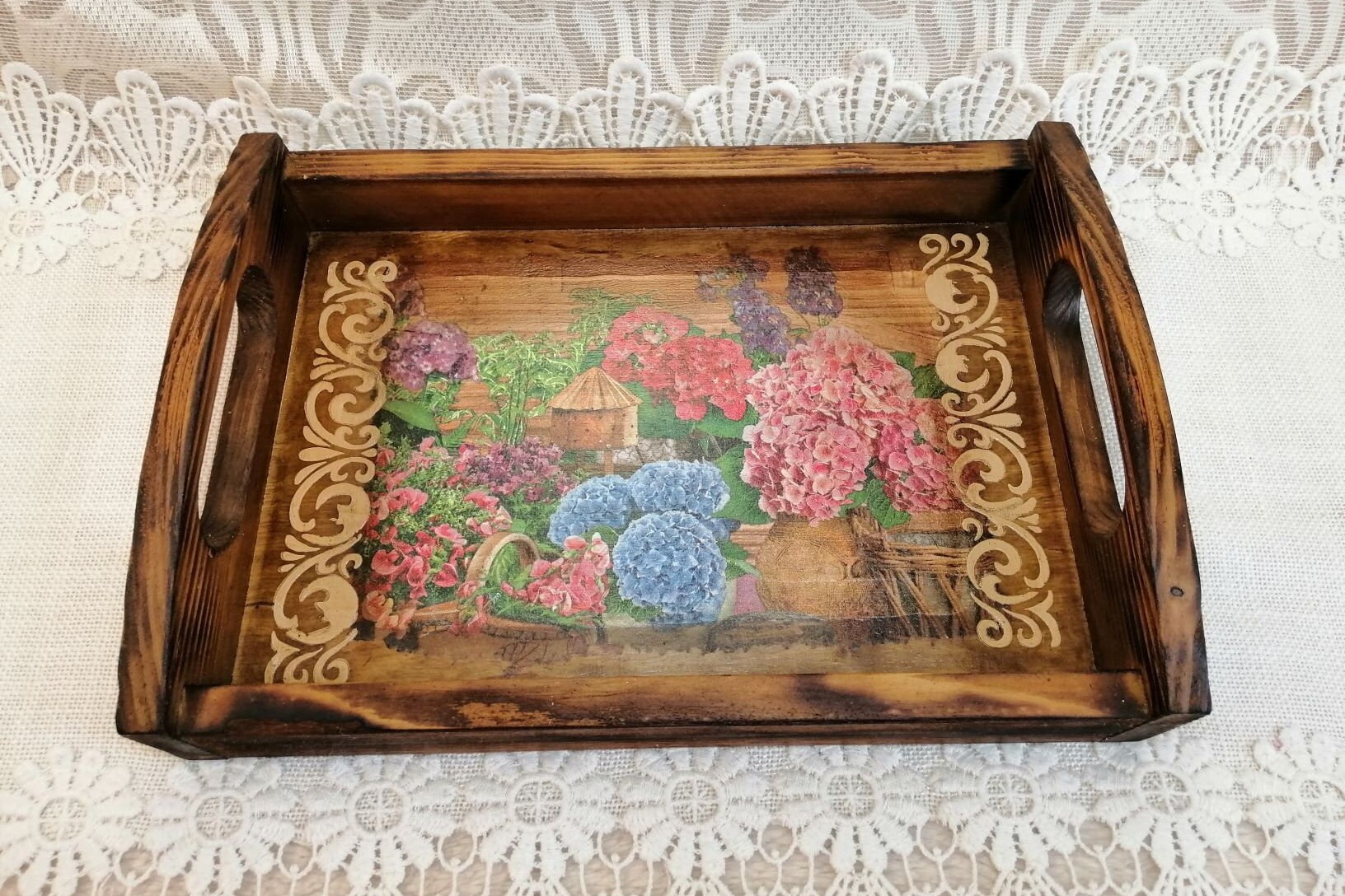 Wooden Serving Tray Rustic Decoupage Decorative Mini Etsy