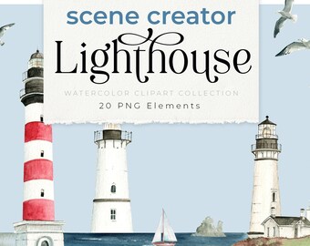 Aquarel vuurtoren scène maker, instant PNG clipart download, meeuwen, zeilboot, water, leidend licht, nautisch, kust, png graphics