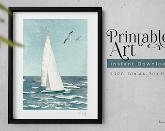Zeilboot Printable Art, Instant Download Sailboat Illustratie, muurkunst, Druckbare Wandkunst, Kunstdruck, Aquarel schilderij, Segelboot