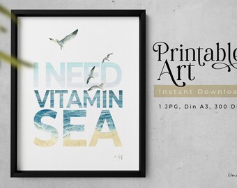 IK HEB VITAMINE ZEE NODIG, afdrukbare kunst, Instant Download, zomer strand gevoel kunst aan de muur, afdrukbare Wall Art, Art Print, aquarel schilderij
