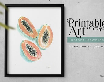 Printbare kunst papaja, instant download papaja fruit illustratie, wallart, druckbare wandkunst, kunstdruck, aquarel schilderij, digitale kunst