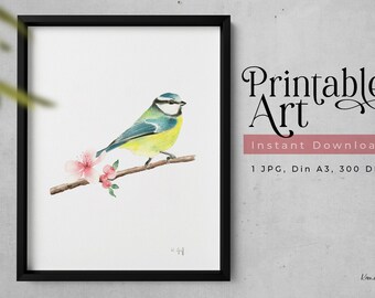 aquarel Blaumeise, BLUE TIT Instant Download Illustratie, muur kunst Vogel illustratie, Vogel Kunstdruck, Aquarel schilderij, digitale kunst