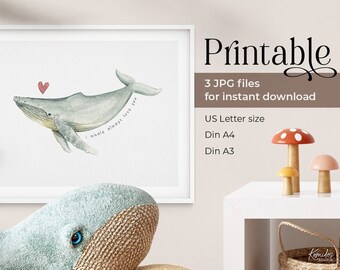 Aquarel bultrug kinderkamer kunst - "I Whale Always Love You" - Instant Download afdrukbaar voor nautische kinderkamer decor