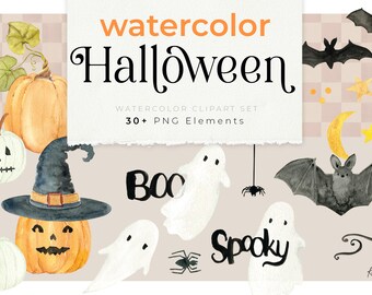 Aquarel Halloween Clipart Set, Aquarell geesten, sterren en maan Clipart, Halloween Pumpkin Face Graphic, Spooky Boo Aquarel PNG Assets
