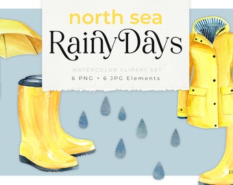 regenachtige dagen aquarel clipart set, aquarel regenjas, paraplu en rubber laarzen illustratie, stormachtig weer schilderij, transparante png