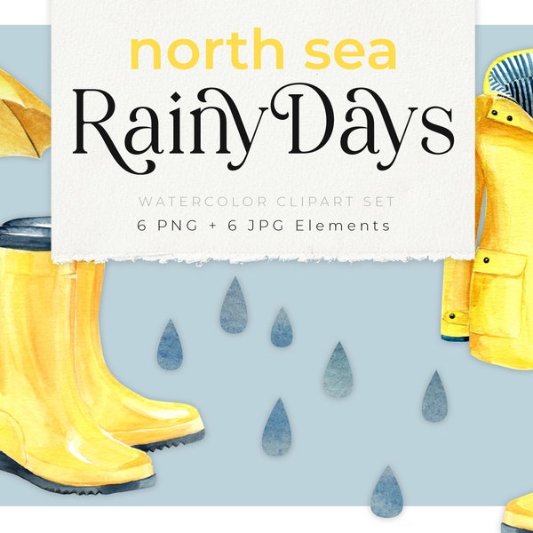 rainy days watercolor clipart set, watercolor raincoat, umbrella and rubber boots illustration, stormy weather painting, transparent png