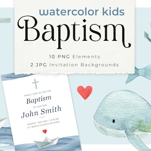 Baptism Watercolor Clipart Set, Baptism Invitation Template, Taufeinladung Vorlage, Taufe Junge Karte, Christian Watercolor maritim PNG Art