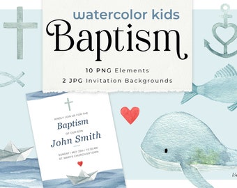 Doop aquarel clipart set, doop uitnodiging sjabloon, doop uitnodiging sjabloon, doop jongen kaart, christelijke aquarel maritieme PNG kunst