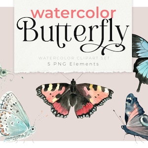 May include: A set of five watercolor butterfly illustrations. The butterflies are in various colors, including blue, green, yellow, and red. The illustrations are perfect for adding a touch of whimsy to any project.