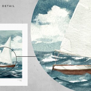 May include: Watercolor painting of a sailboat with a white sail on a blue sea with white clouds in the sky. The painting is signed "L'mides".
