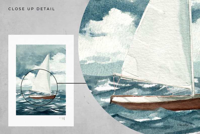 May include: Watercolor painting of a sailboat with a white sail on a blue sea with white clouds in the sky. The painting is signed "L'mides".